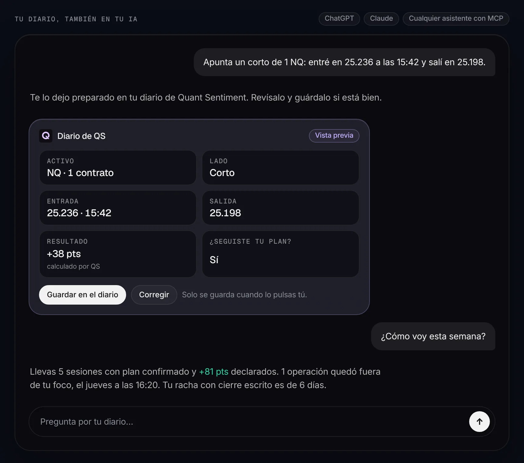 Conversación con un asistente que prepara una operación en el diario de Quant Sentiment y responde cómo va la semana. Datos ficticios.